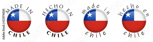 Simple Made in Chile / Spanish translation 3D button sign. Text around circle with Chilean flag. Decent and casual font version.