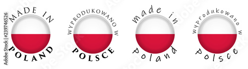 Simple Made in Poland / Wyprodukowano w Polsce (Polish translation) 3D button sign. Text around circle with national flag. Decent and casual font version.
