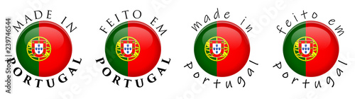 Simple Made in Portugal / Portuguese translation 3D button sign. Text around circle with national flag. Decent and casual font version.