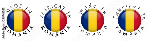 Simple Made in Romania / Romanian translation 3D button sign. Text around circle with national. Decent and casual font version.