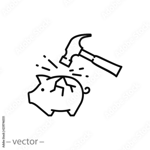 Breaking the piggy bank icon, economy concept line sign isolated on white background - editable stroke vector illustration eps10