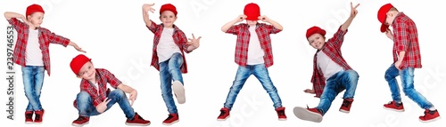 The boy in the style of Hip-Hop . Children's fashion.Cap and jacket.