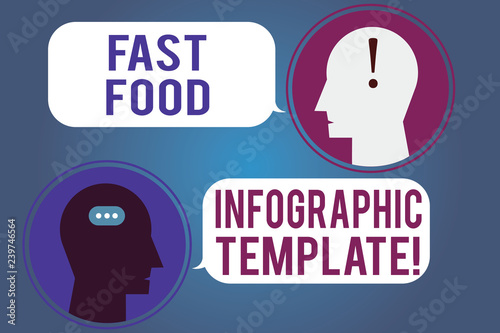 Fototapeta Naklejka Na Ścianę i Meble -  Word writing text Fast Food Infographic Template. Business concept for Design diagrams for give information Messenger Room with Chat Heads Speech Bubbles Punctuations Mark icon