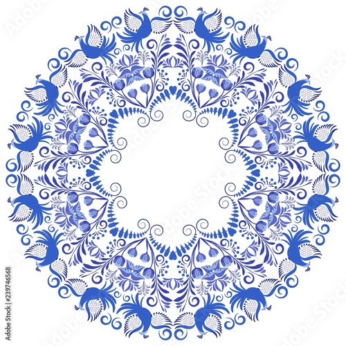 Flower ornament with blue birds and flowers in a circle. Template design in ethnic style. Frame Gzhel porcelain painting.