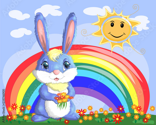 Bunny with a bouquet in a meadow near the rainbow. Spring, love, postcard