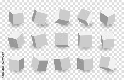 Fototapeta Naklejka Na Ścianę i Meble -  White 3D cubes pack isolated on transparent background. Different light, perspective and angle. Vector illustration