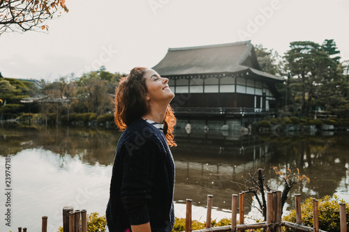 Принти на полотні .Young occidental woman discovering the nipon country. Tourism in the temples an