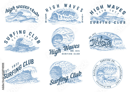 Wave labels, logos. Set of Atlantic tide Templates. Vintage old engraved hand drawn. Marine and nautical or sea, ocean background for banner or poster. set of Isolated vector illustration.