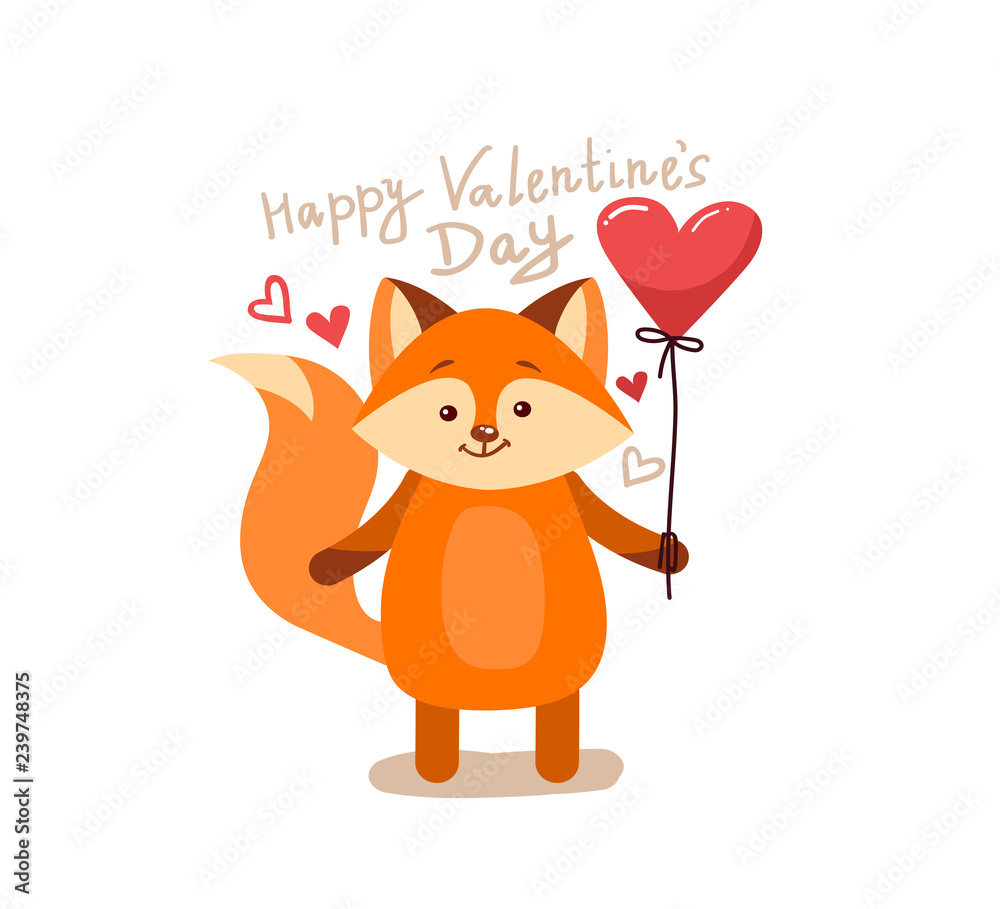 Cute cartoon lovely red fox with pink large heart Cute cartoon lovely red fox with pink large heart