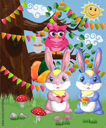 Two cute bunny in a forest glade. Boy and girl  concept spring  love  postcard