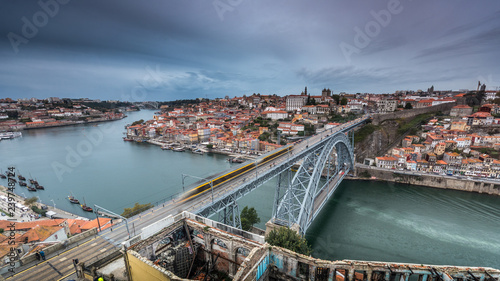 Train passing over the Bridge of Porto.