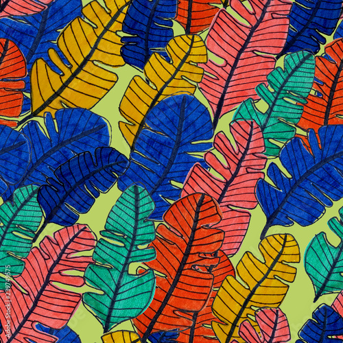 Seamless pattern with hand drawn tropical leaves.