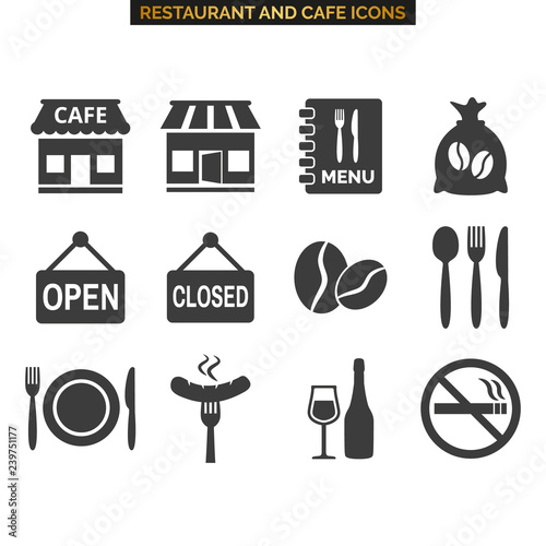 Restaurant and cafe icons set on white background.