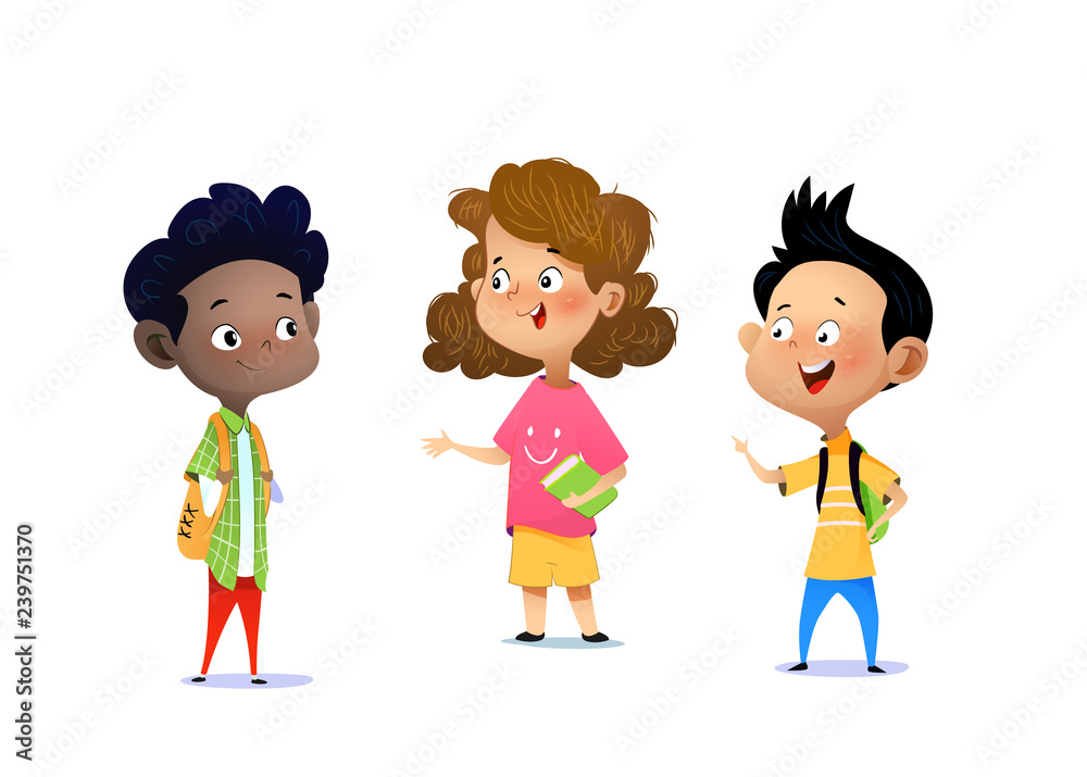 Three children are discussing a school assignment. Three children are discussing a school assignment.