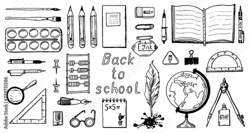 Back to school. Doodle symbols and objects. set of elements for banner or poster. Cute funny icons for school and student life. Vintage retro style. Engraved hand drawn.