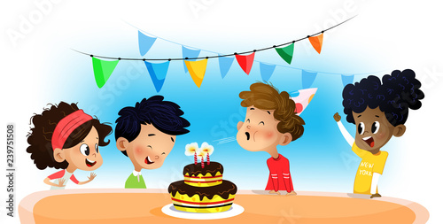 Happy group of children having fun at birthday party