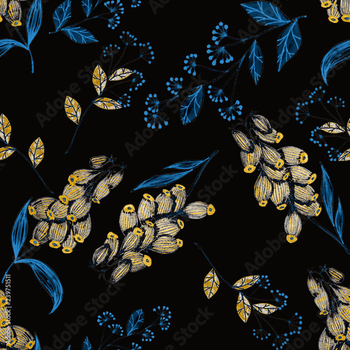 Seamless pattern with hand drawn flowers and berries.