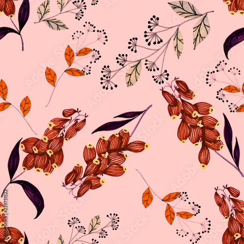Seamless pattern with hand drawn flowers and berries.