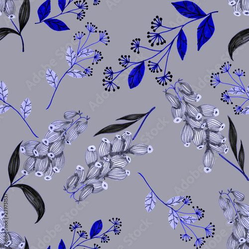 Seamless pattern with hand drawn flowers and berries.