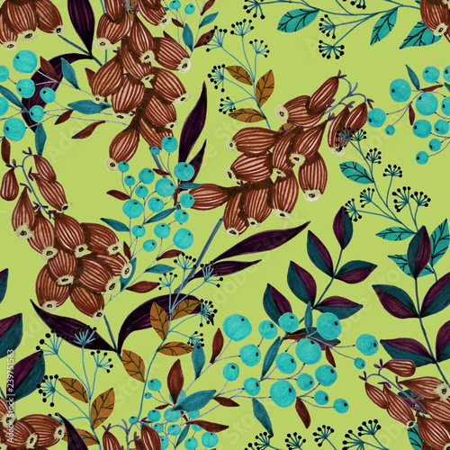 Seamless pattern with hand drawn flowers and berries.