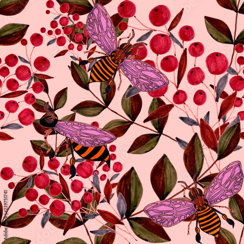Creative seamless pattern with flowers and bees. Hand drawn texture. Surface ...