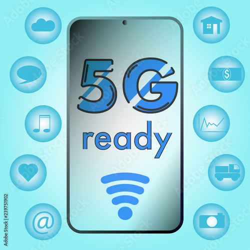 5g network speed ready smartphone latest chip. usage icons like Internet of Things, Big Data, Smart Home, online music, video on demand, streaming service, Cloud Computing, Social Media