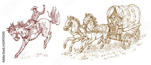 Cowboys in the carriage. Vintage horse harness or sheriff s cart. Western rodeo icon, Texas Ranger, Sheriff in hat. Wild West, Country style. Hand drawn engraved sketch.
