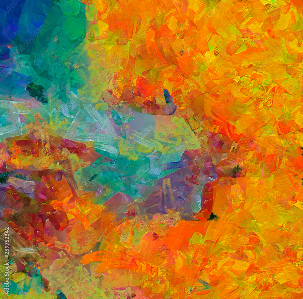 Pretty oil painting abstraction. Print art for wall decor. Impressionism style spring collection. Chaotic conceptual brush strokes on canvas. Warm colors background for rich creative graphic design.
