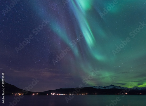 The polar arctic Northern lights aurora borealis sky star in Scandinavia Norway Tromso in the farm winter forest 