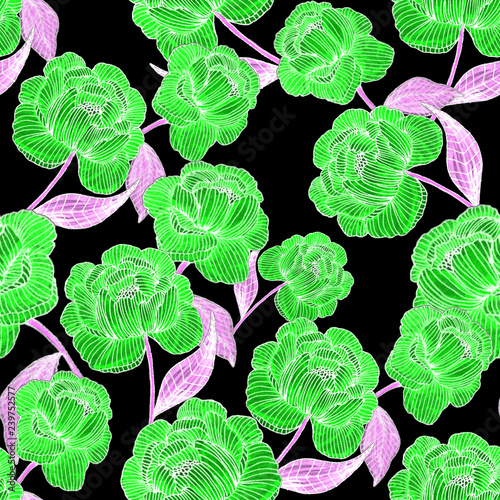 Seamless pattern with hand drawn peonies. Floral surface design.