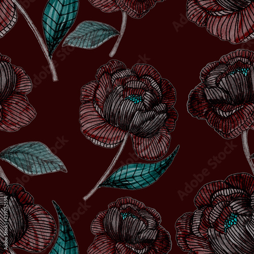 Seamless pattern with hand drawn peonies. Floral surface design.
