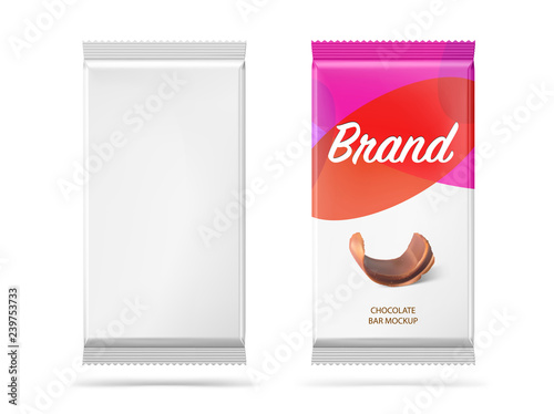 Realistic chocolate bar mockup with example. Vector illustration isolated on white background. Easy to use for presentation your product, idea, design. EPS10.