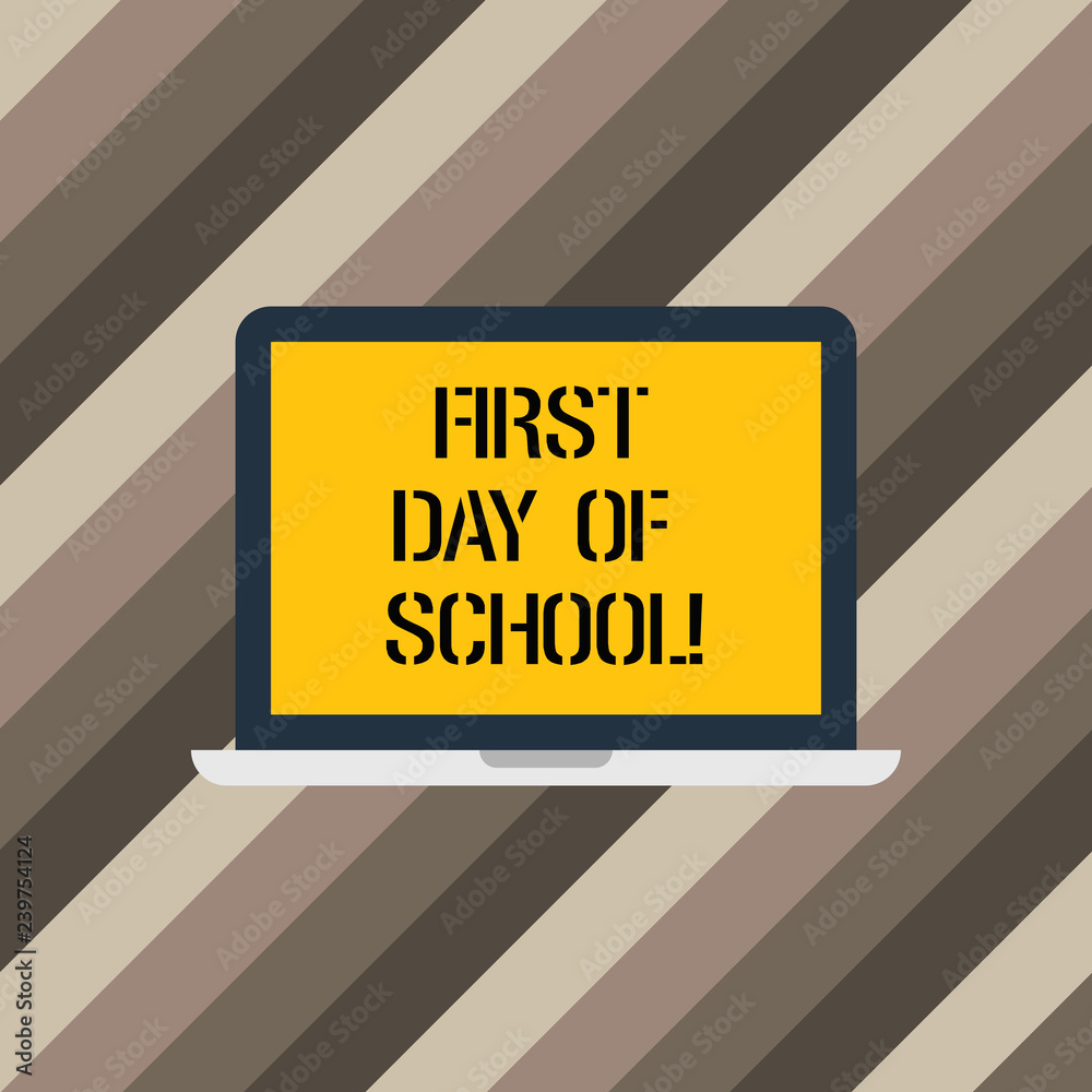 Text sign showing First Day Of School. Conceptual photo Return to classroom Study again Education Motivation Laptop Monitor Personal Computer Device Tablet Blank Screen for Text Space