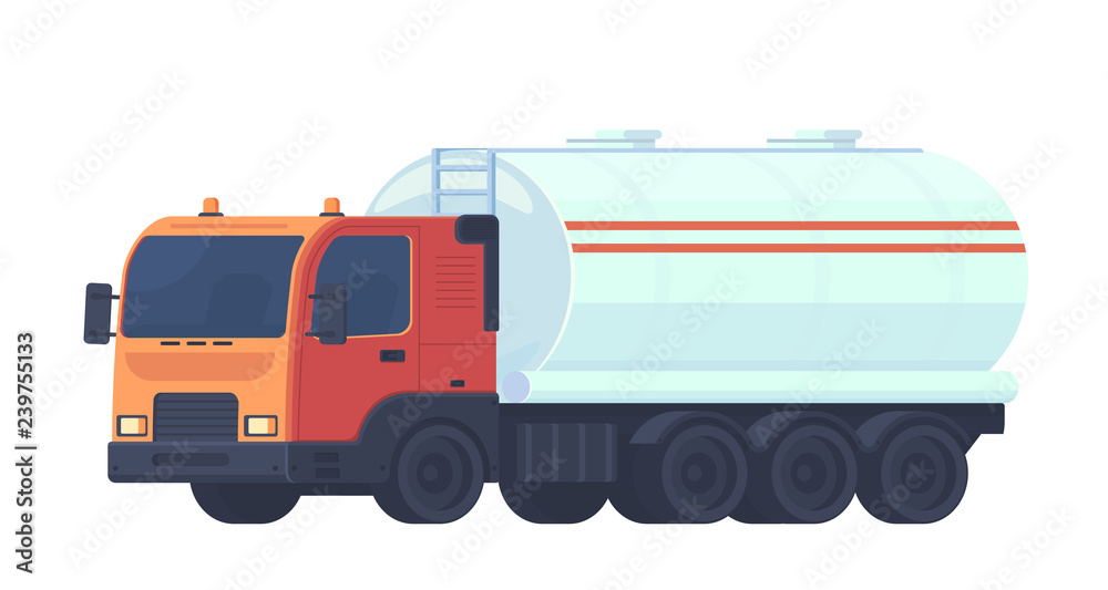 Tank truck transportation, oil, gasoline to gas stations, water and liquid substances. Semitrailer with a reservoir for fluid. Vector flat illustration.