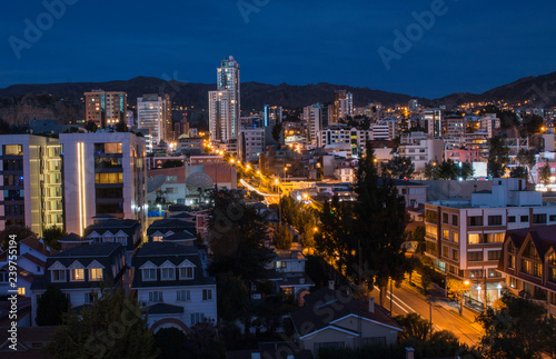 Night over the south area of La Paz, Bolivia. Bright lights