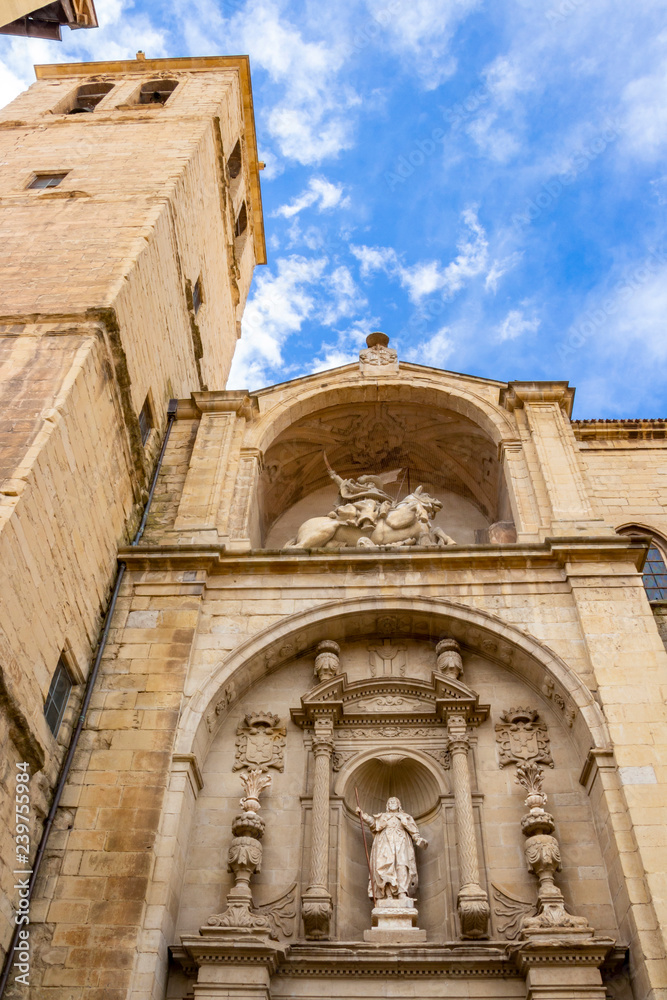 Santiago el Real Church in Logrono, La Rioja Spain on the Way of St. James, Camino de Santiago, facade partial exterior view from below