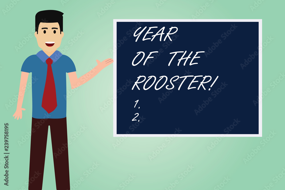 Handwriting text writing Year Of The Rooster. Concept meaning Chinese horoscope China traditional celebration Man with Tie Standing Talking Presenting Blank Color Square Board photo Handwriting text writing Year Of The Rooster. Concept meaning Chinese horoscope China traditional celebration Man with Tie Standing Talking Presenting Blank Color Square Board photo