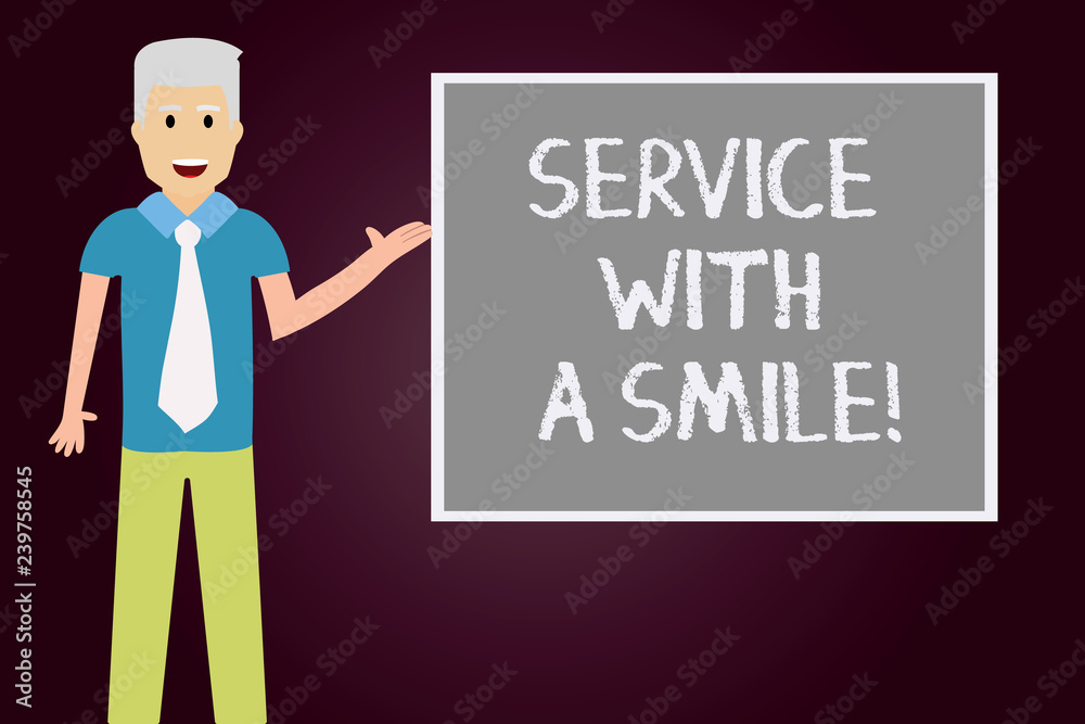 Conceptual hand writing showing Service With A Smile. Business photo text Happiness in custom assistance Motivated support Man with Tie Talking Presenting Blank Color Square Board Conceptual hand writing showing Service With A Smile. Business photo text Happiness in custom assistance Motivated support Man with Tie Talking Presenting Blank Color Square Board