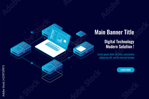 Computer network concept, server room rack isometric icon, network topology, data security protection, laptop connected to the router network, blue white