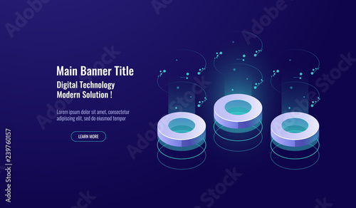 Big data processing concept, digital technology, server room isometric icon, abstract element, lighting data flow vector neon dark
