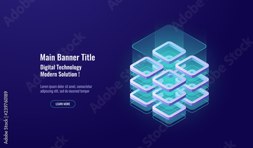 Big data processing, data security concept, isometric icon, database server room, datawarehouse and cloud storage dark neon background