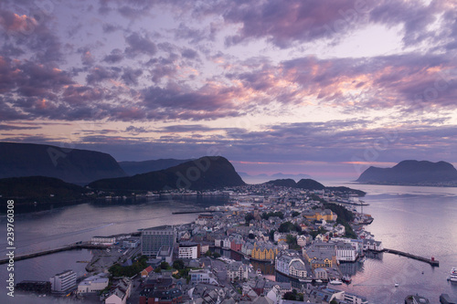 Beautiful city of Ålesund an its fiord in the Møre og Romsdal County, Norway. It is part of the traditional district of Sunnmøre and the centre of the Ålesund Region. © Jorge Argazkiak
