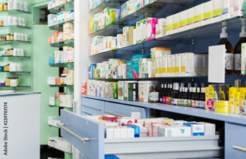 Different medicines on the shelves in the pharmaceutical department