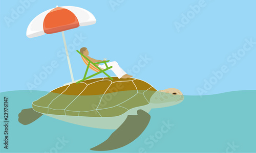 human sitting in a chaise lounge located on turtle