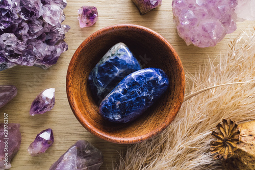 Teak Bowl of Sodalite with Amethyst Crystals and Dried Poppy Flower