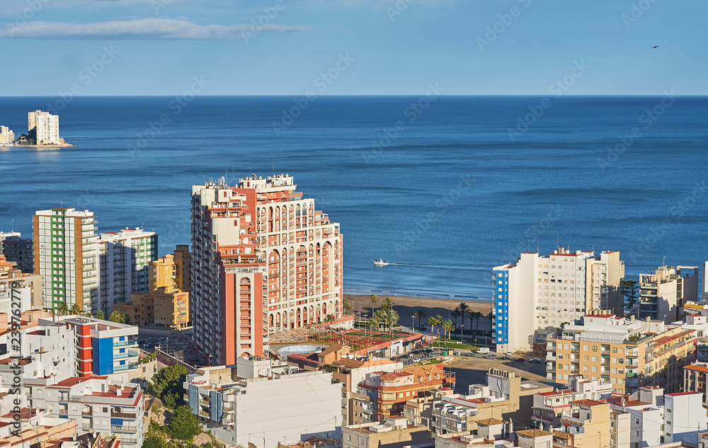 Aerial view of Cullera beach with village skyline in the Mediterranean Valencia of Spain