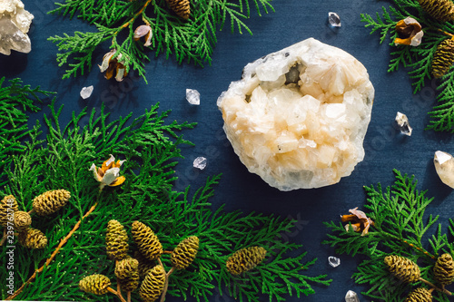 Apophyllite and Quartz Points with Incese Cedar photo