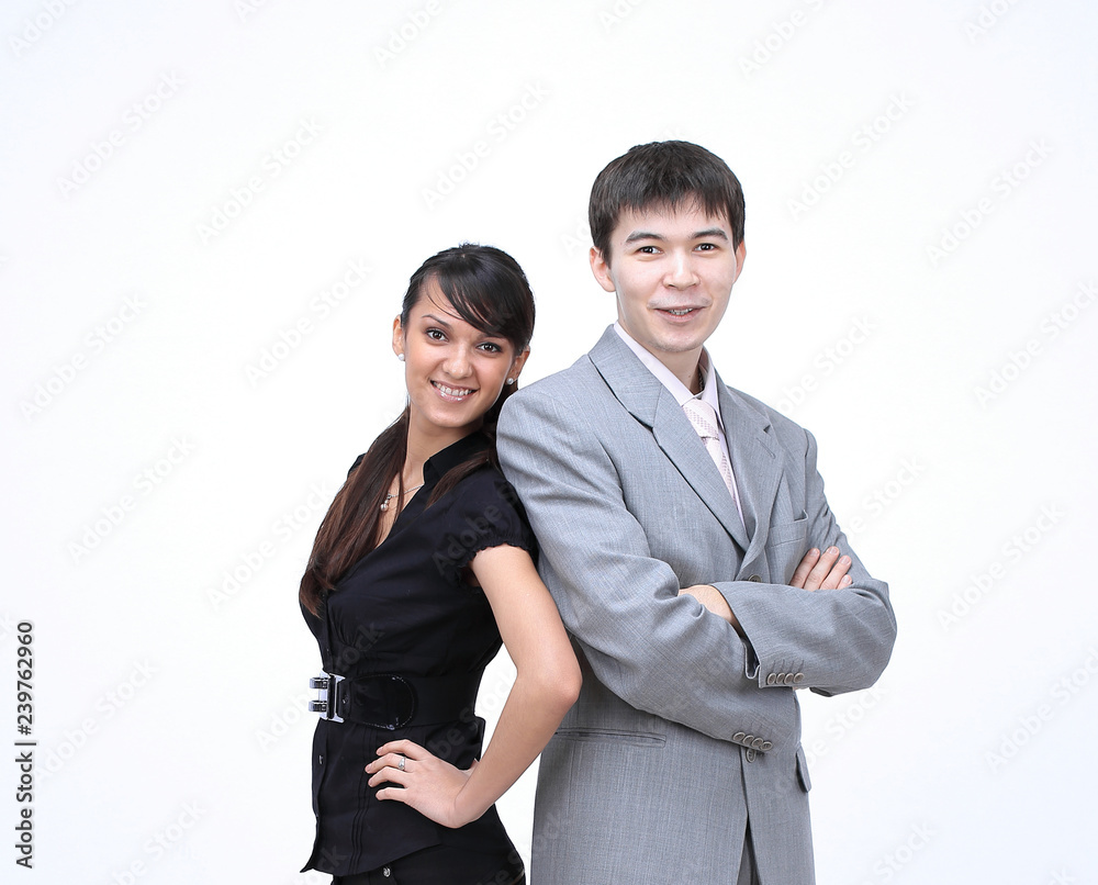 Business man and business woman standing back-to-back. Business man and business woman standing back-to-back.