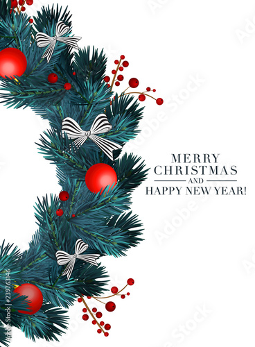 Christmas 2019 greeting card with holiday 3d objects. Merry Christmas and happy new year typography with fir border, garland, balls, bows. Realistic holiday decoration elemets.