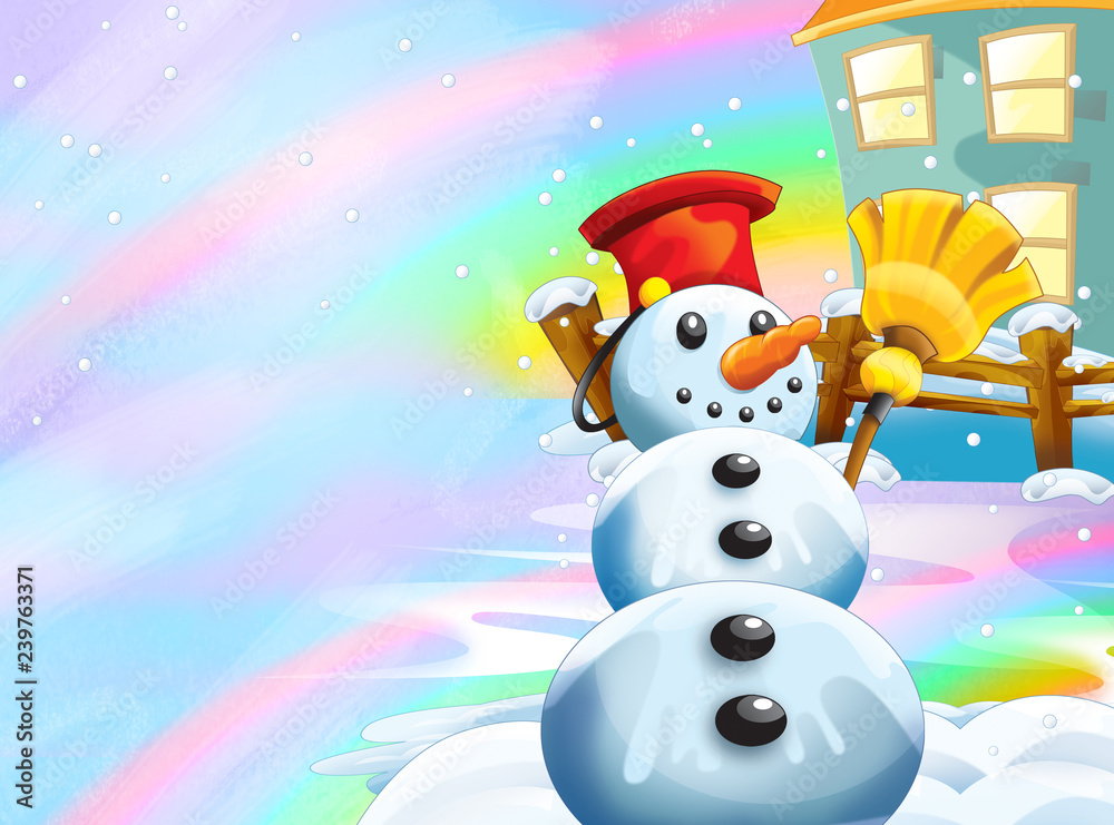 Cartoon winter nature scene with happy snowman - illustration for children